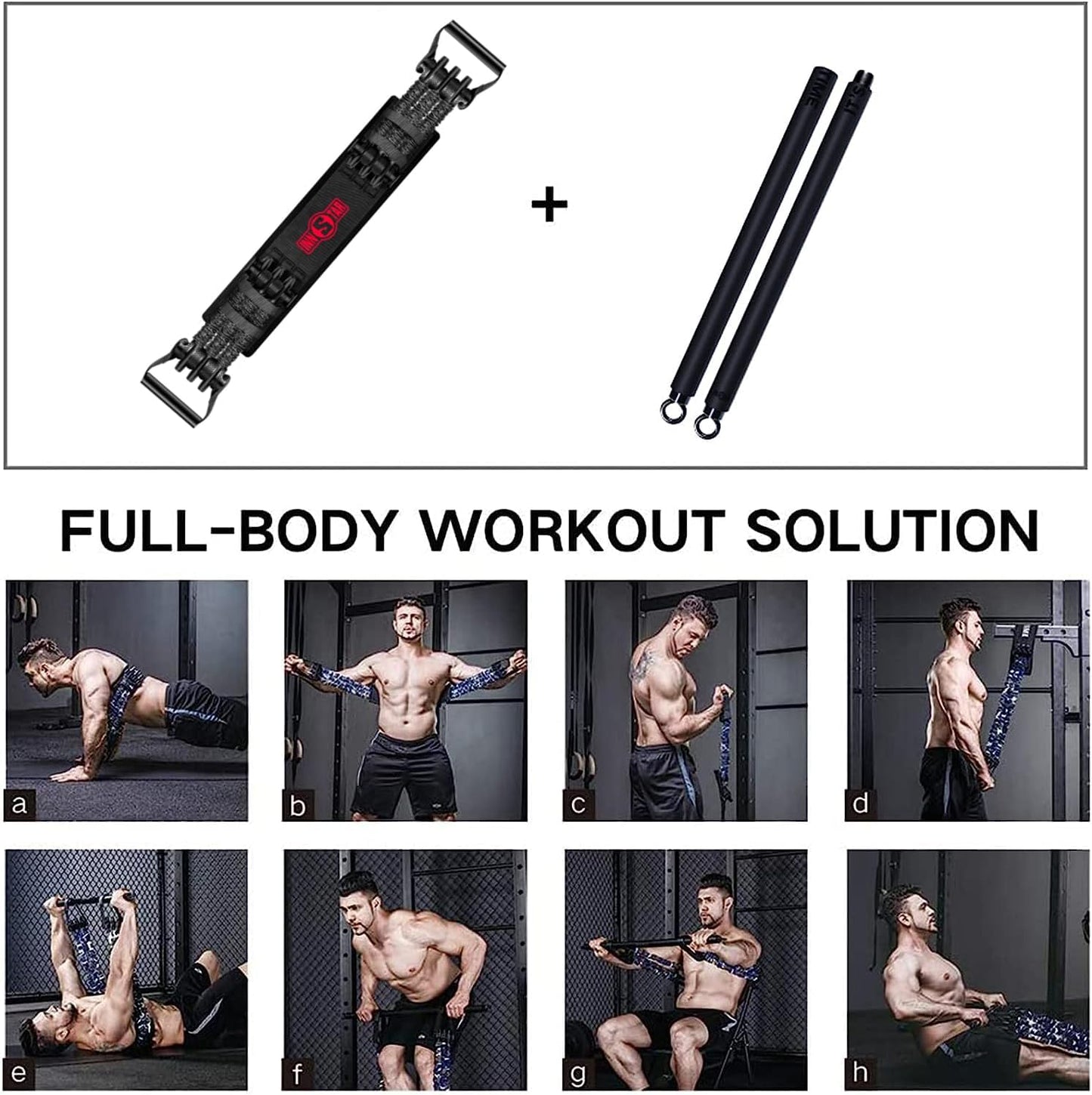 Portable Home Gym Set with Workout Bar, Bench Press Set, Squat Resistance Band, Door Anchor and More-Full Body Workout Equipment to Build Muscle and Shape Body